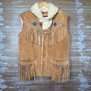 William Barry Suede Sherpa Fringe Vest Handpainted Western Rodeo Boho Womens S